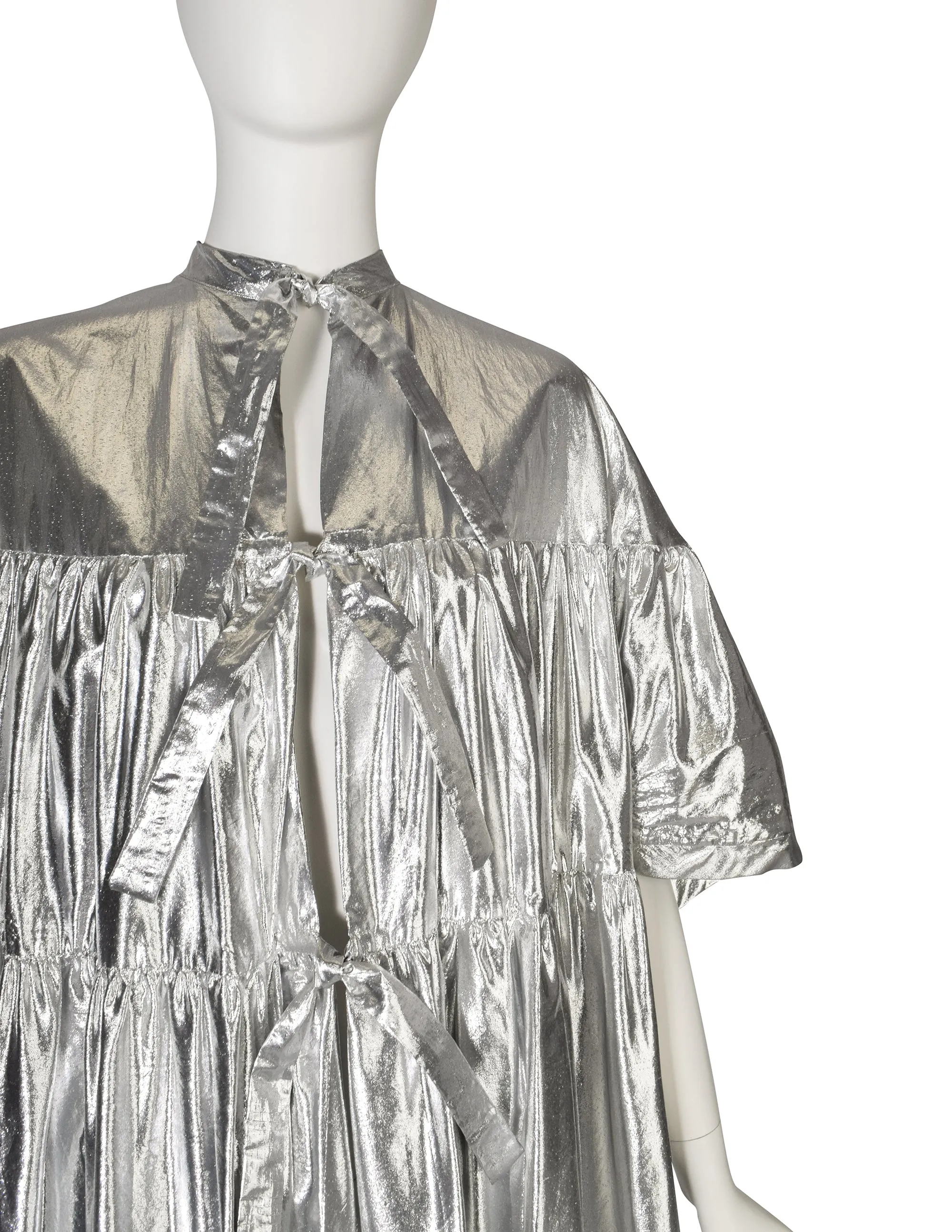 1980s Vintage Metallic Silver Lame Tiered Tie Front Duster