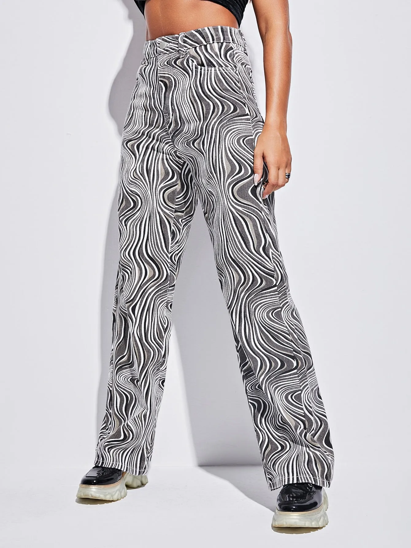 All Over Print Zipper High Waist Long Women Jeans