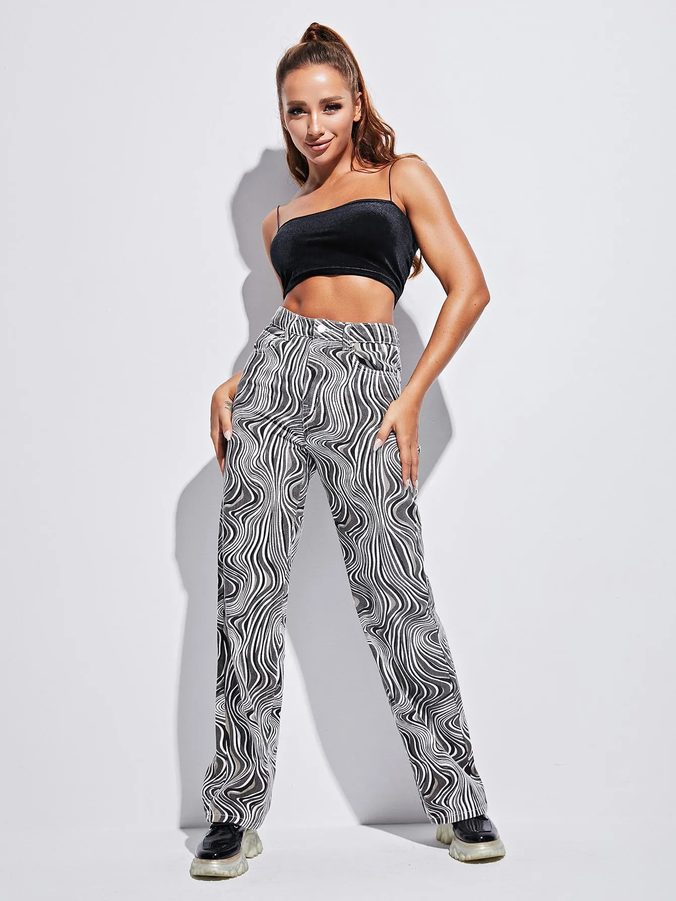 All Over Print Zipper High Waist Long Women Jeans
