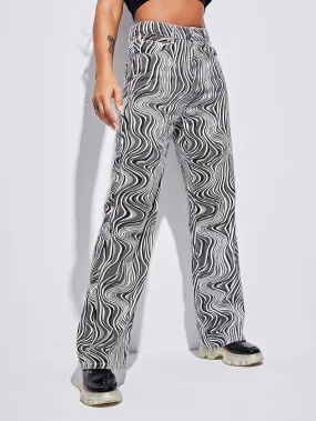 All Over Print Zipper High Waist Long Women Jeans