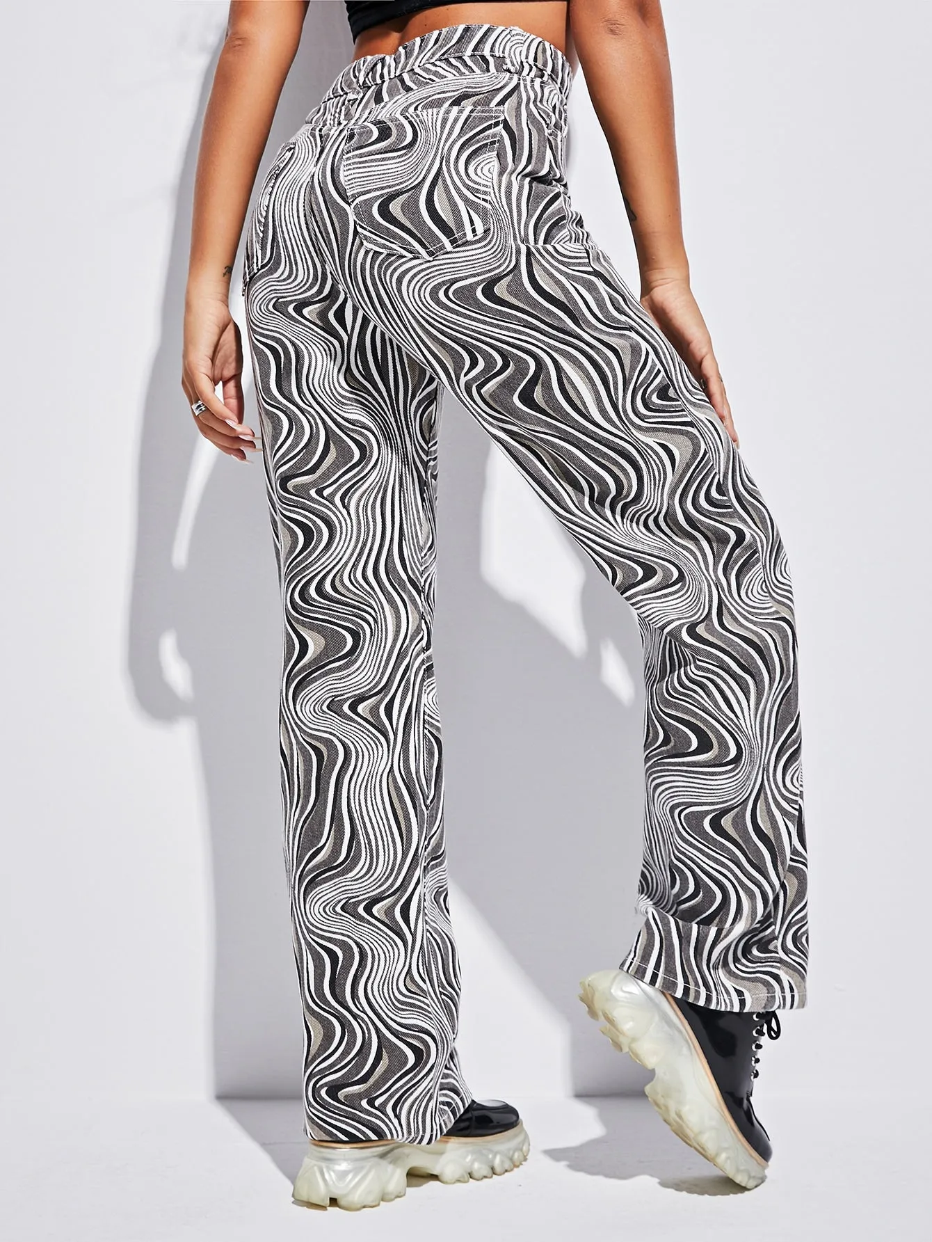 All Over Print Zipper High Waist Long Women Jeans