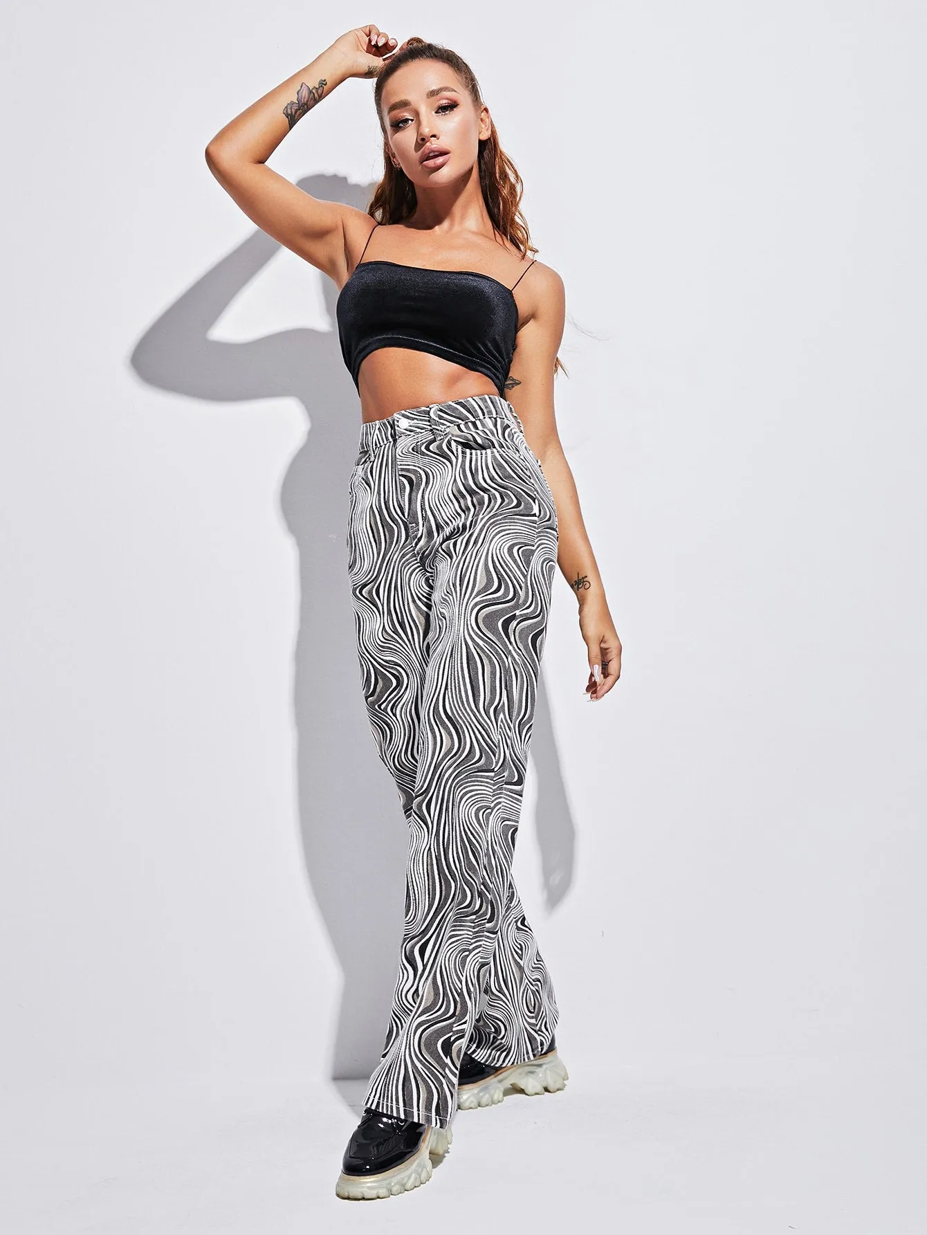 All Over Print Zipper High Waist Long Women Jeans