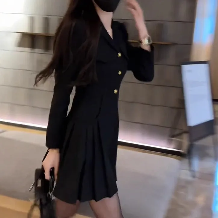 Black Half Open Collar Suit Ruffled Short Dress