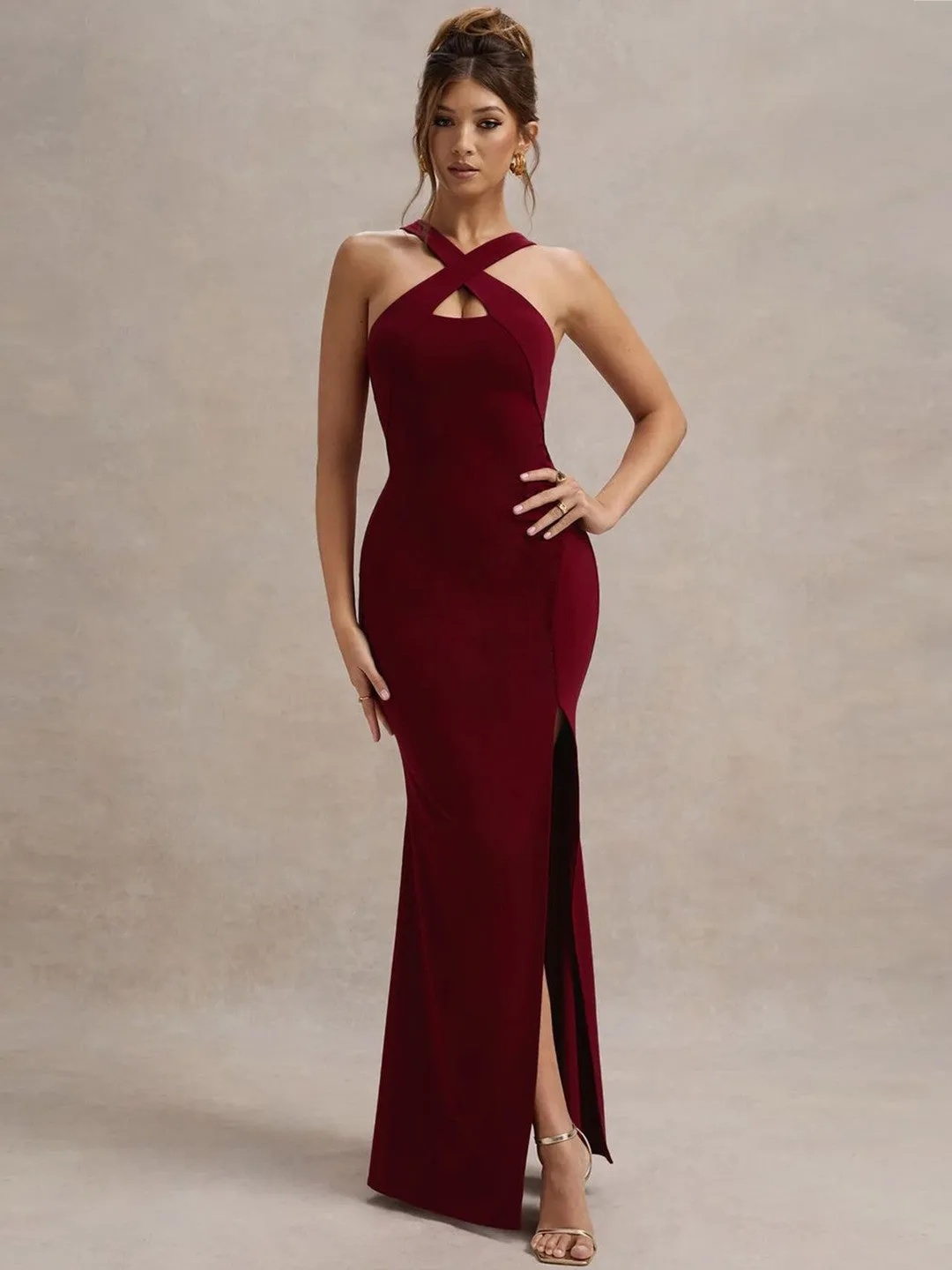 Cross Shoulder Neck Wine Slit Bodycon Dress