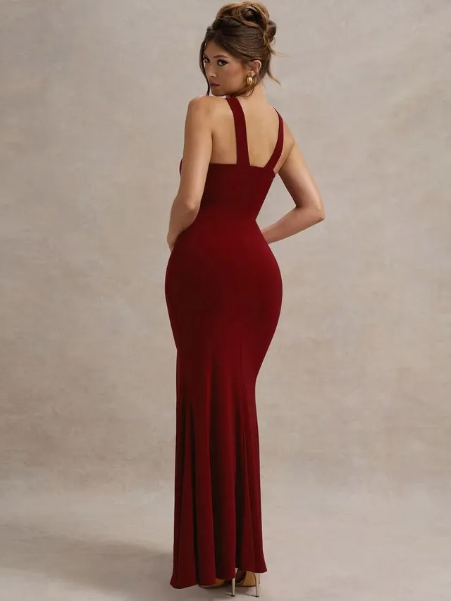 Cross Shoulder Neck Wine Slit Bodycon Dress