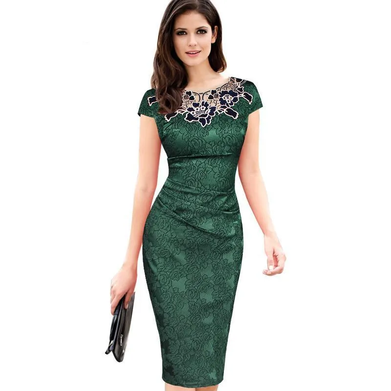 Dobby Fabric Hollow Out Embroidered Ruched Pencil Bodycon Evening  Party Dress