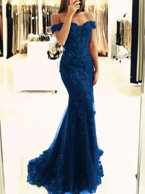 Elegant Teal Blue Long Mermaid Lace Off Shoulders Prom Dress Formal Dress