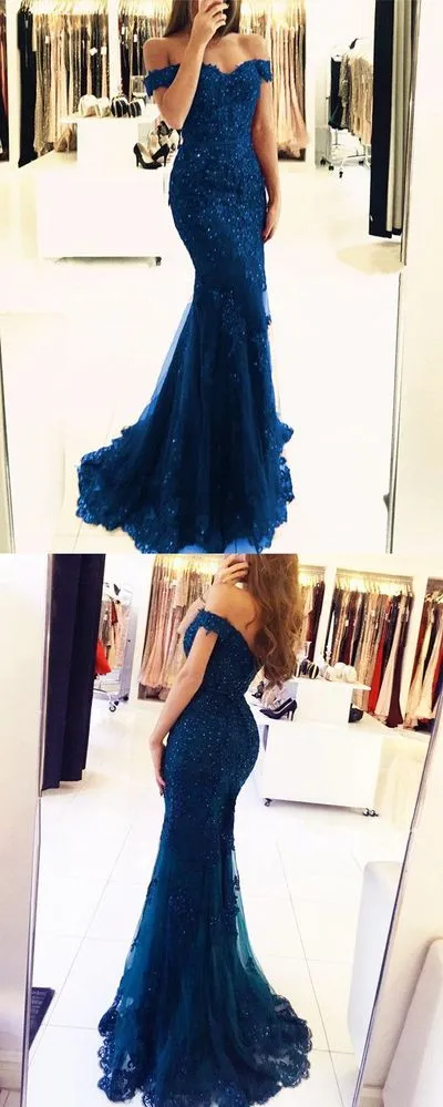 Elegant Teal Blue Long Mermaid Lace Off Shoulders Prom Dress Formal Dress