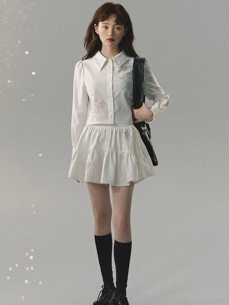 Embroidered Loose Short Shirt & Gather Skirt