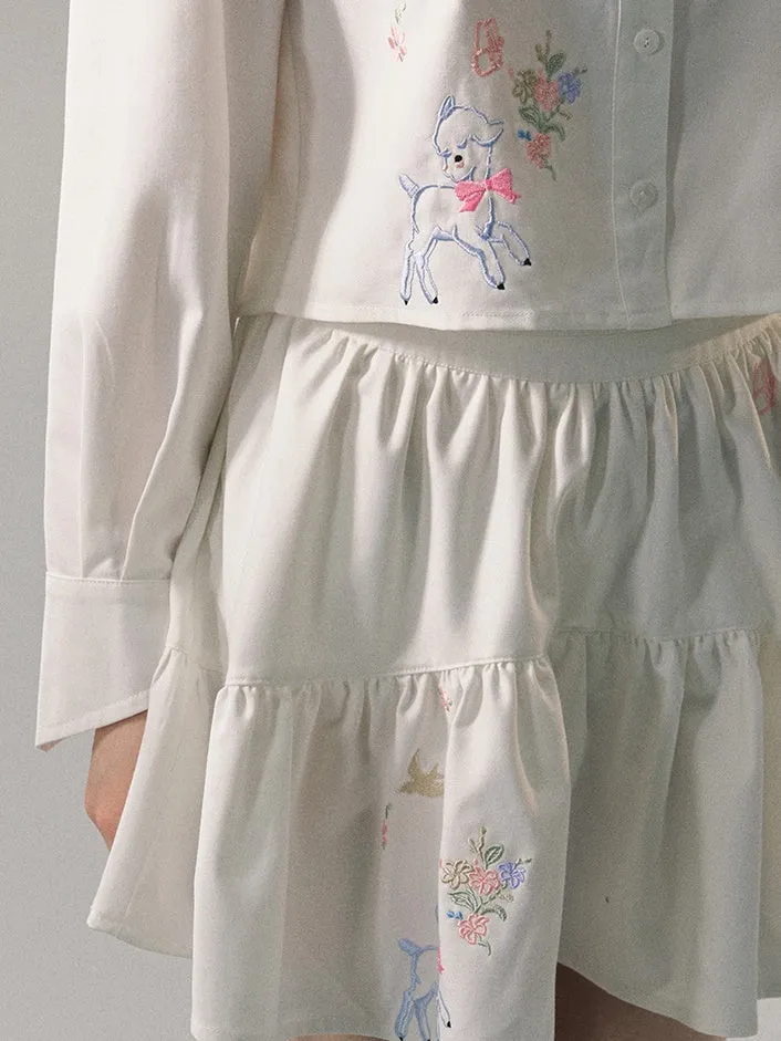 Embroidered Loose Short Shirt & Gather Skirt