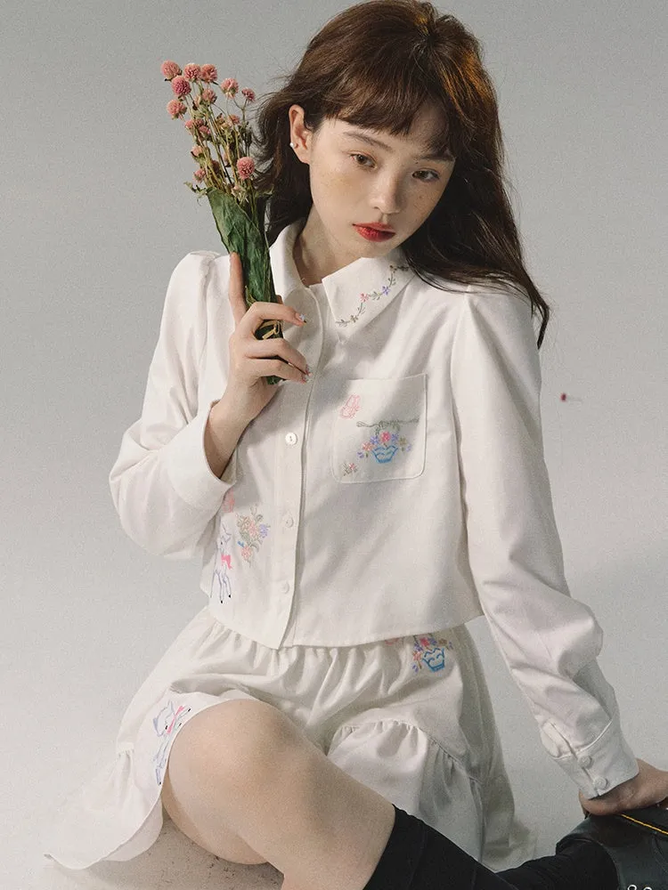 Embroidered Loose Short Shirt & Gather Skirt