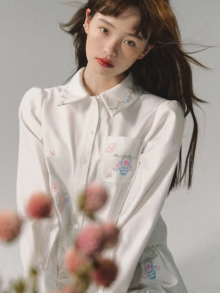 Embroidered Loose Short Shirt & Gather Skirt