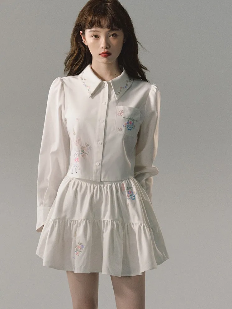 Embroidered Loose Short Shirt & Gather Skirt