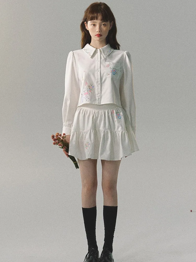 Embroidered Loose Short Shirt & Gather Skirt