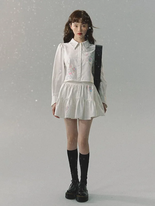 Embroidered Loose Short Shirt & Gather Skirt