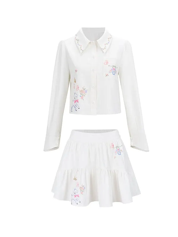 Embroidered Loose Short Shirt & Gather Skirt