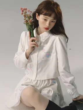 Embroidered Loose Short Shirt & Gather Skirt