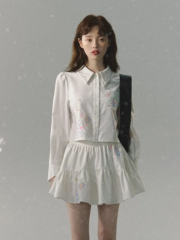 Embroidered Loose Short Shirt & Gather Skirt