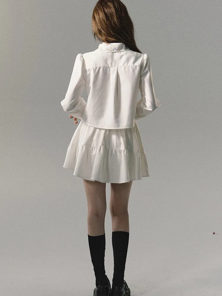 Embroidered Loose Short Shirt & Gather Skirt