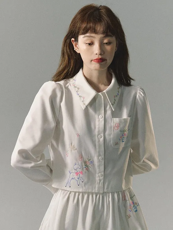 Embroidered Loose Short Shirt & Gather Skirt
