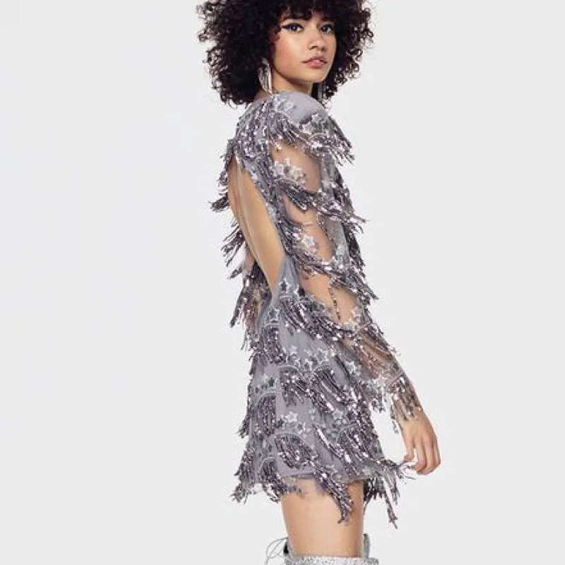 Etoile Sequin Fringe Dress Gris - M