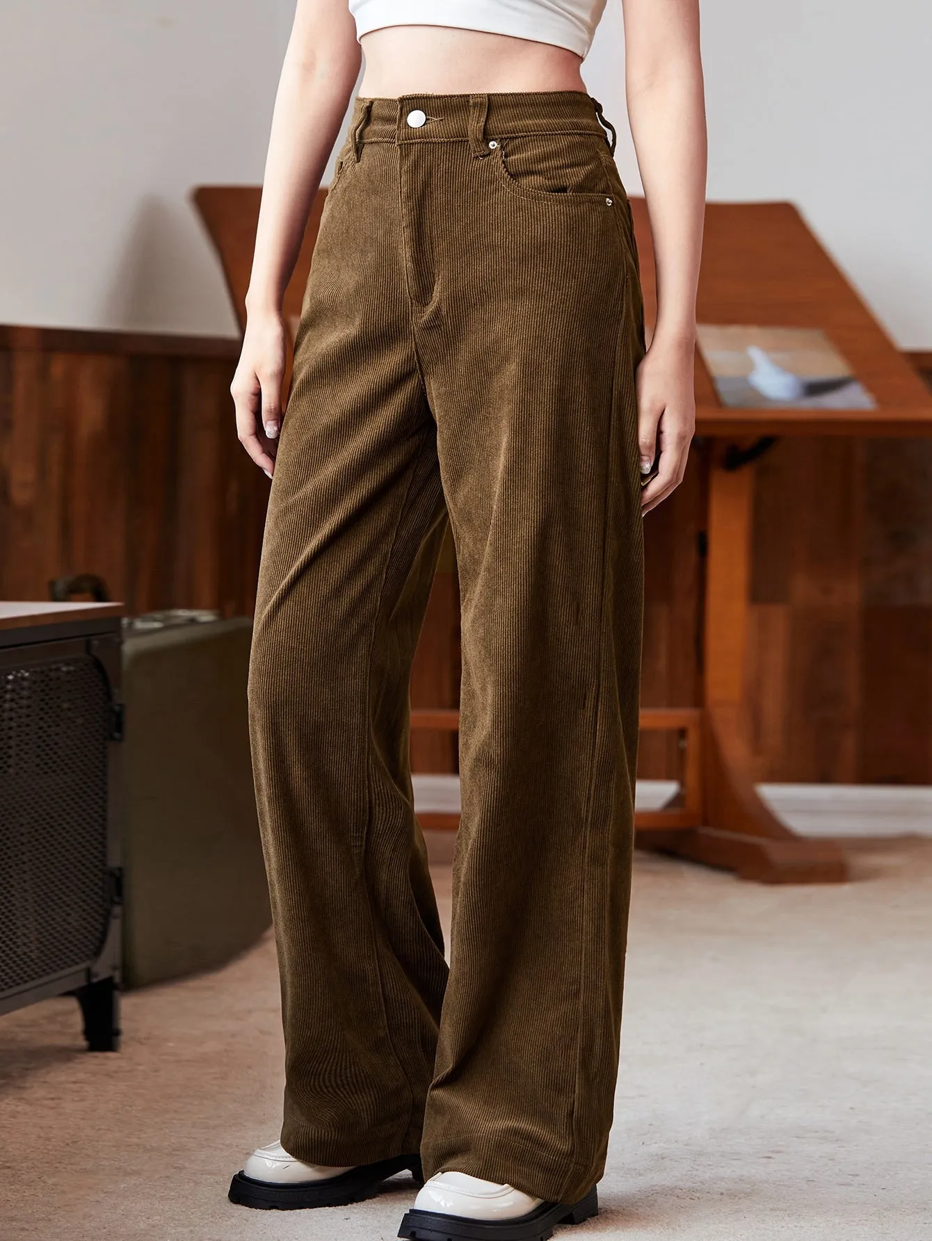 EZwear High Waist Slant Pocket Cord Pants
