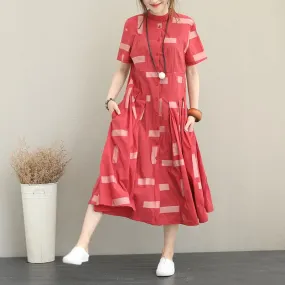 fashion red natural cotton shirt dress casual stand collar traveling clothing fine big hem gown