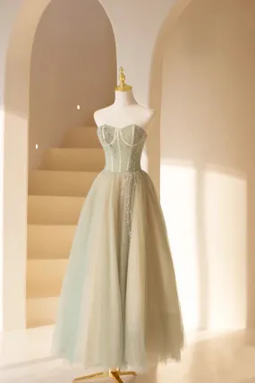 Green Strapless Tulle Long Prom Dress, Beautiful Sweetheart Neck Evening Dress