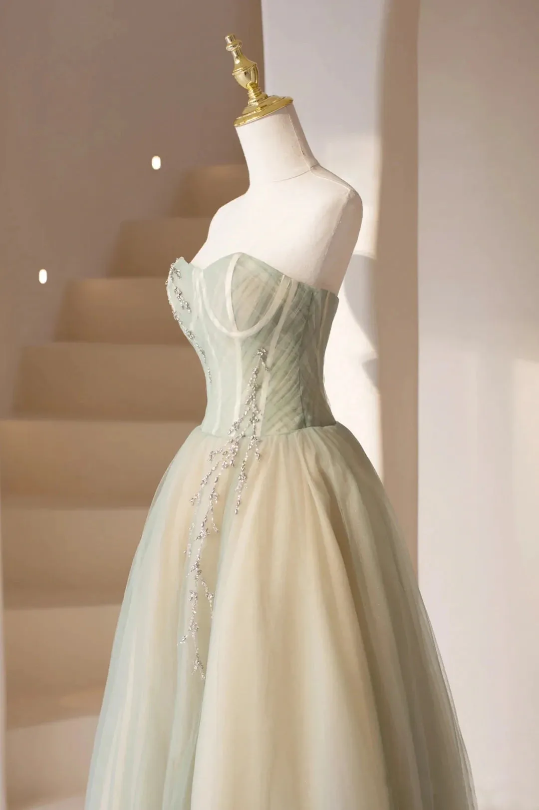 Green Strapless Tulle Long Prom Dress, Beautiful Sweetheart Neck Evening Dress