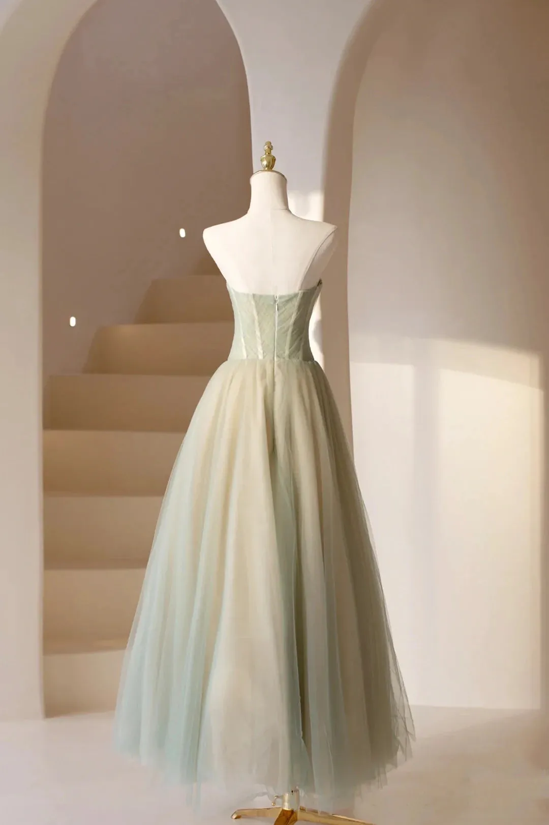 Green Strapless Tulle Long Prom Dress, Beautiful Sweetheart Neck Evening Dress