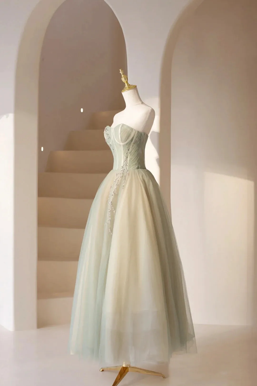 Green Strapless Tulle Long Prom Dress, Beautiful Sweetheart Neck Evening Dress