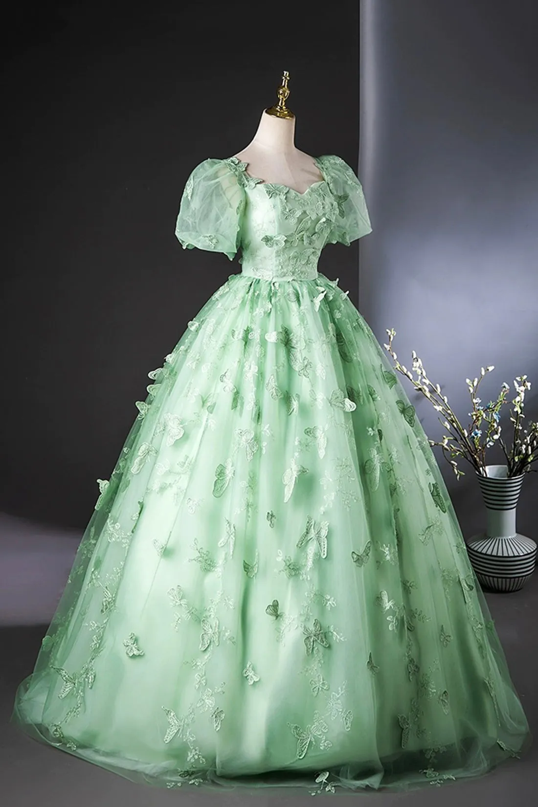 Green Tulle Lace Floor Length Prom Dress, Elegant A-Line Short Sleeve Evening Party Dress