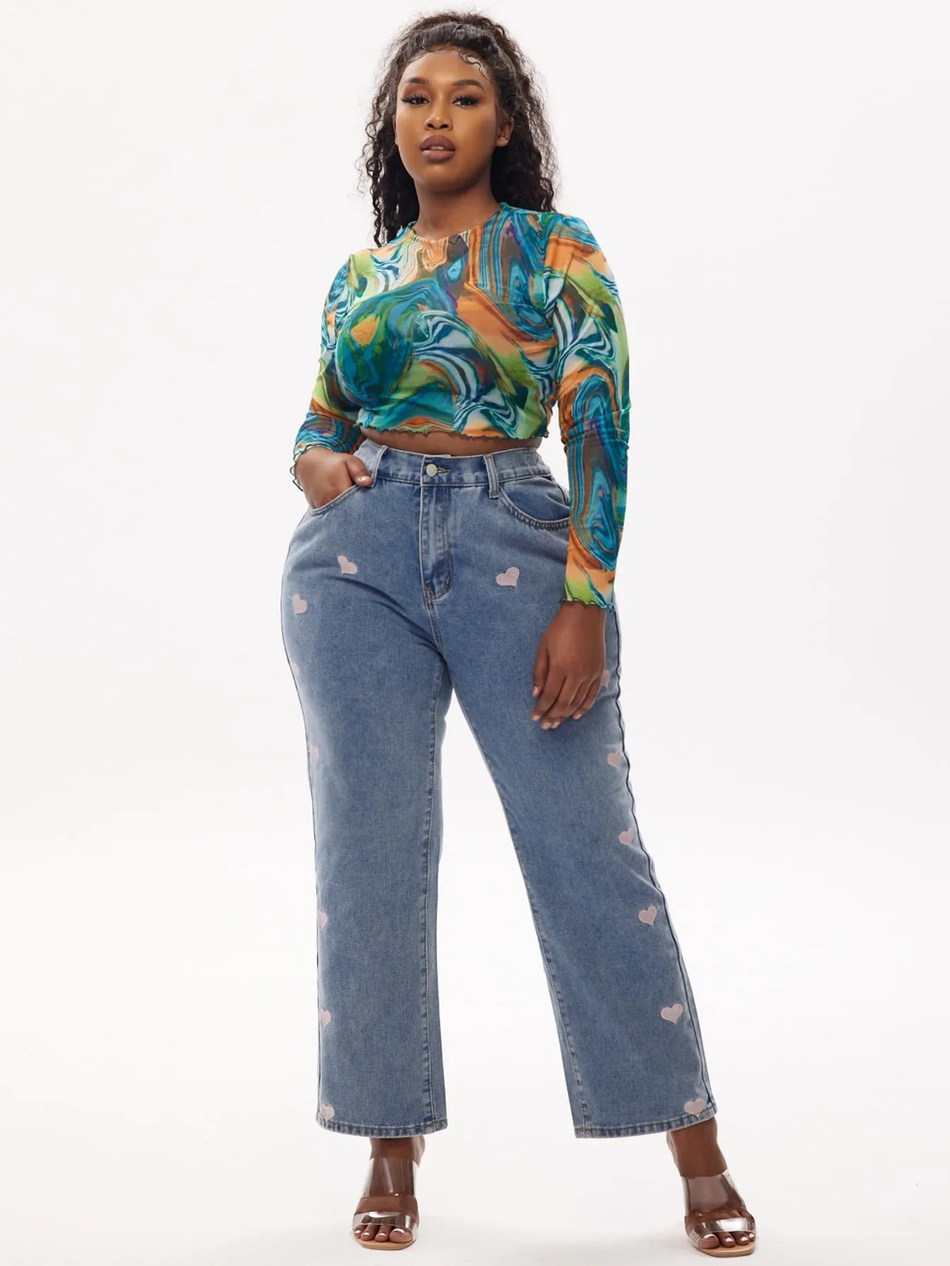 Heart Zipper High Waist Long Plus Size Jeans
