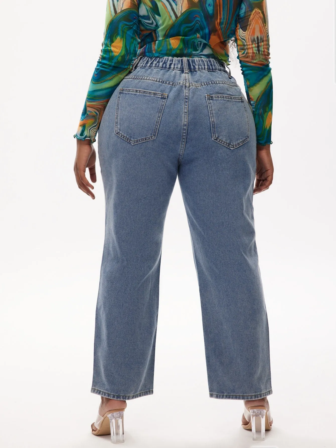 Heart Zipper High Waist Long Plus Size Jeans
