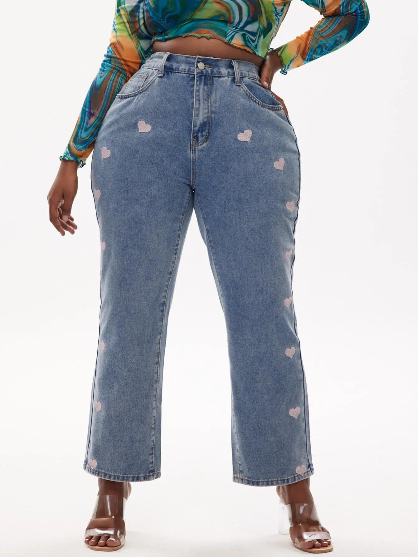 Heart Zipper High Waist Long Plus Size Jeans
