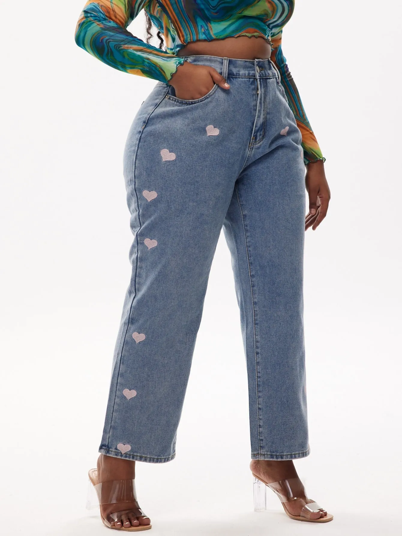 Heart Zipper High Waist Long Plus Size Jeans