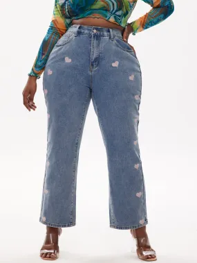 Heart Zipper High Waist Long Plus Size Jeans