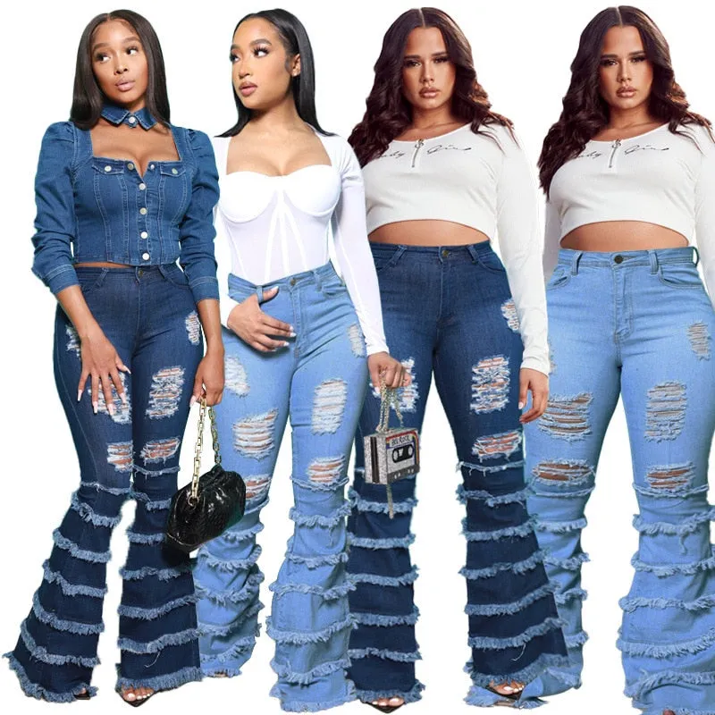 High Waist Stretch Ripped Denim Pants