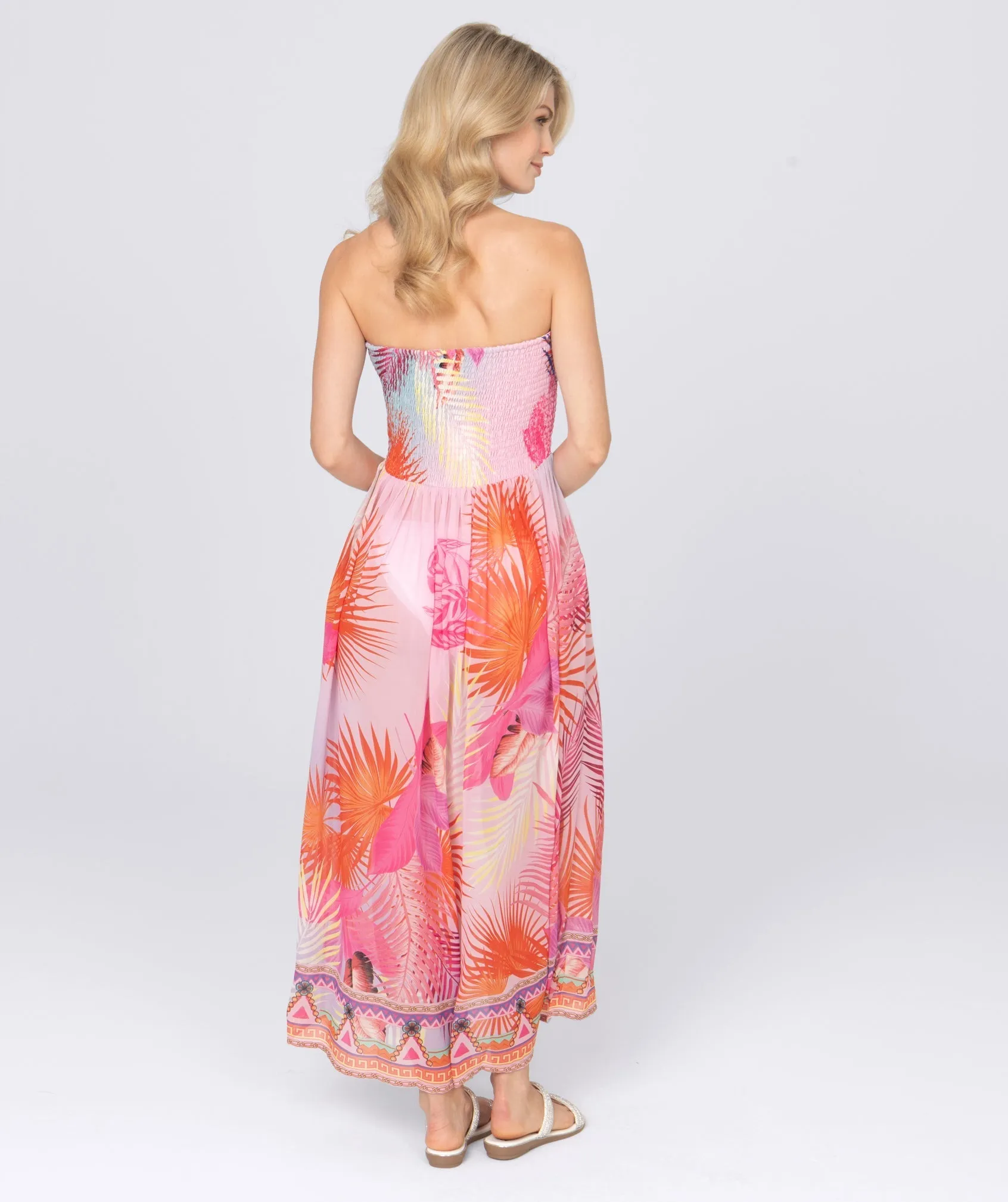 Hot Pink Abstract Print Strapless Maxi Dress
