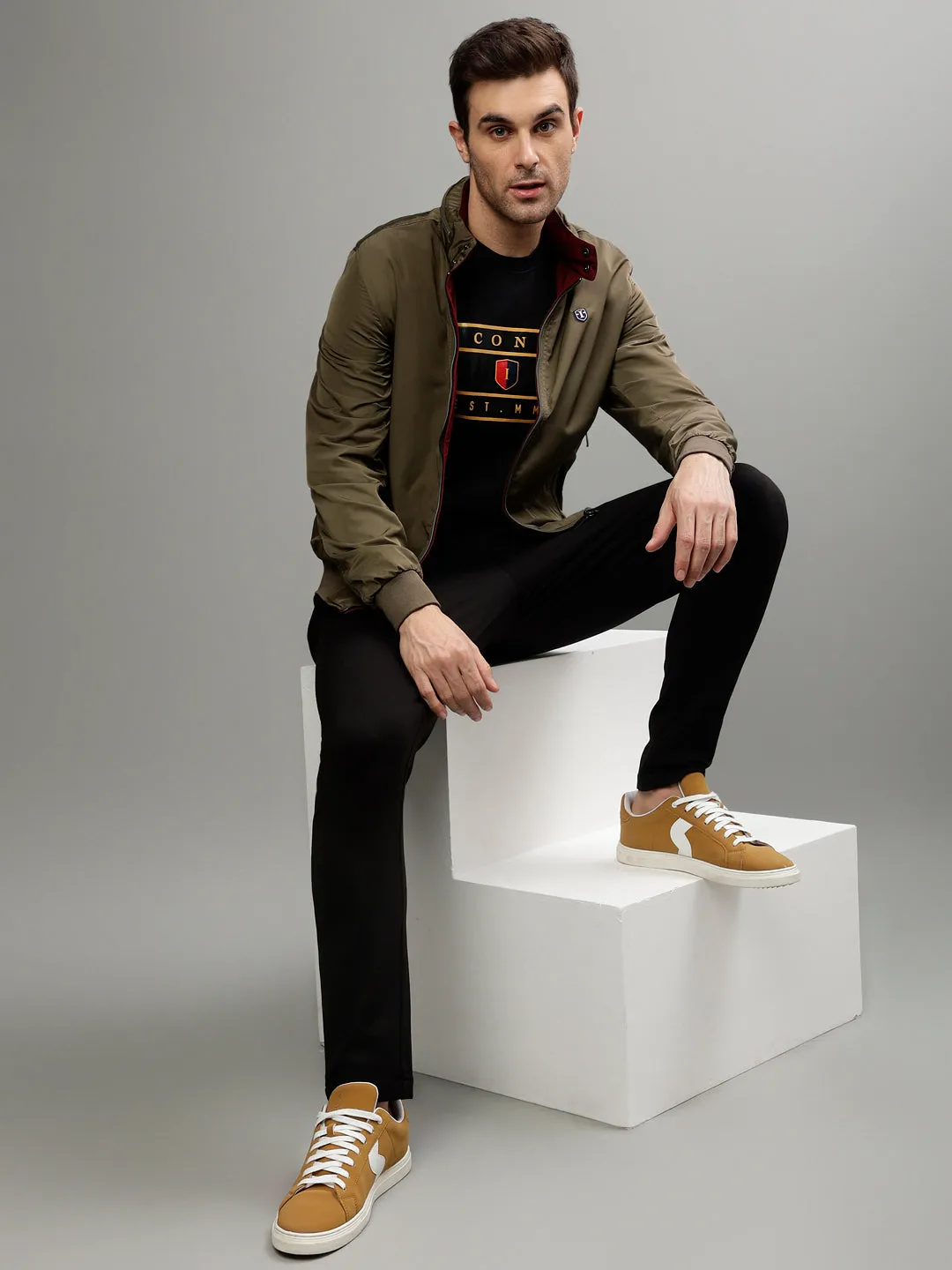 Iconic Men Multicolor Solid Stand Collar Full Sleeves Jacket