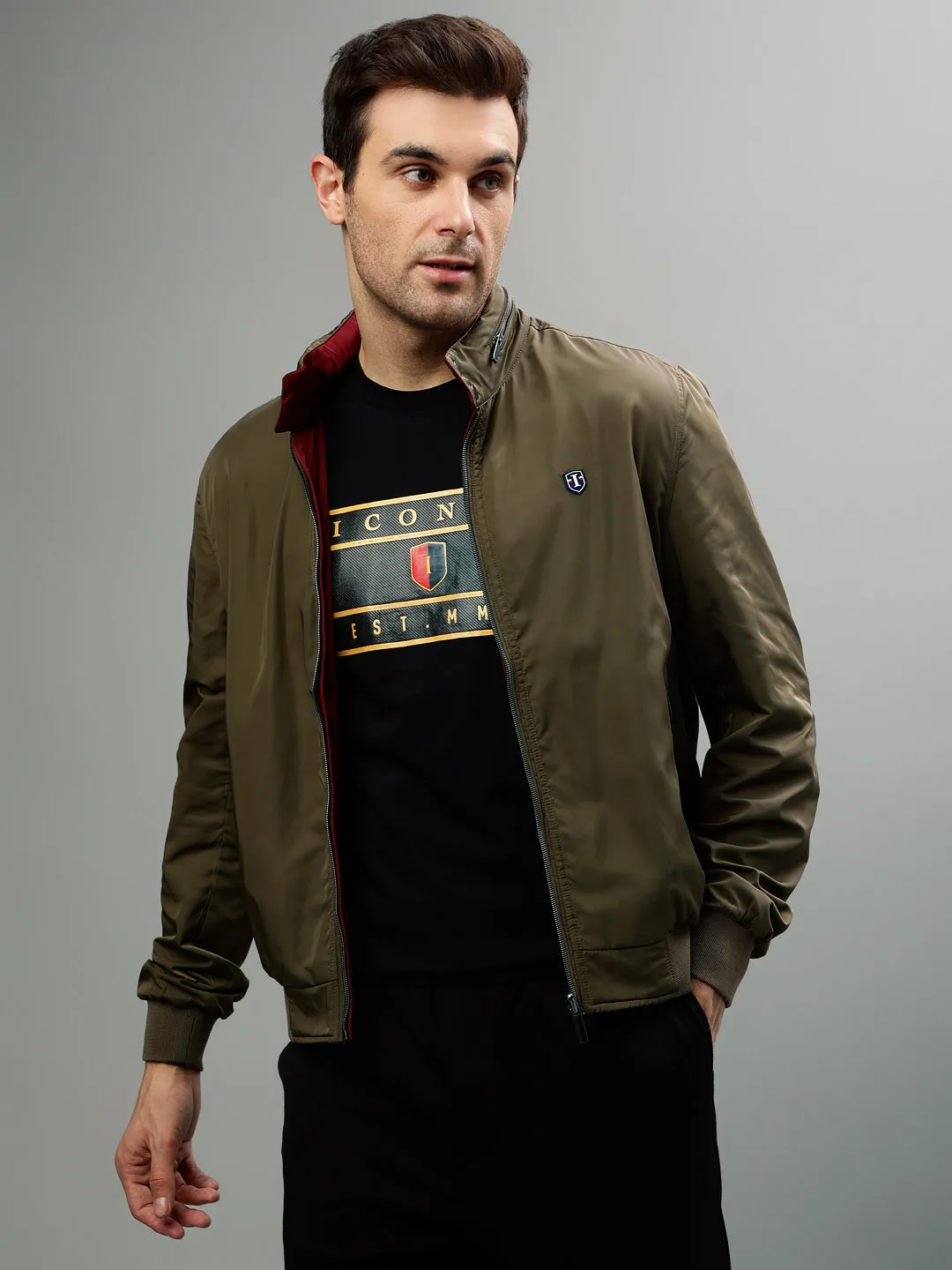 Iconic Men Multicolor Solid Stand Collar Full Sleeves Jacket