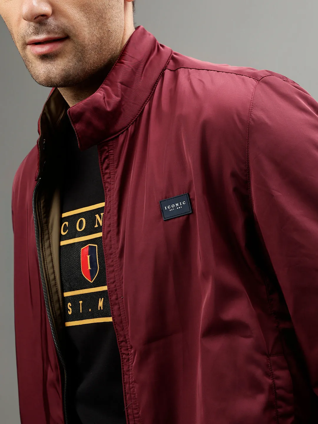 Iconic Men Multicolor Solid Stand Collar Full Sleeves Jacket