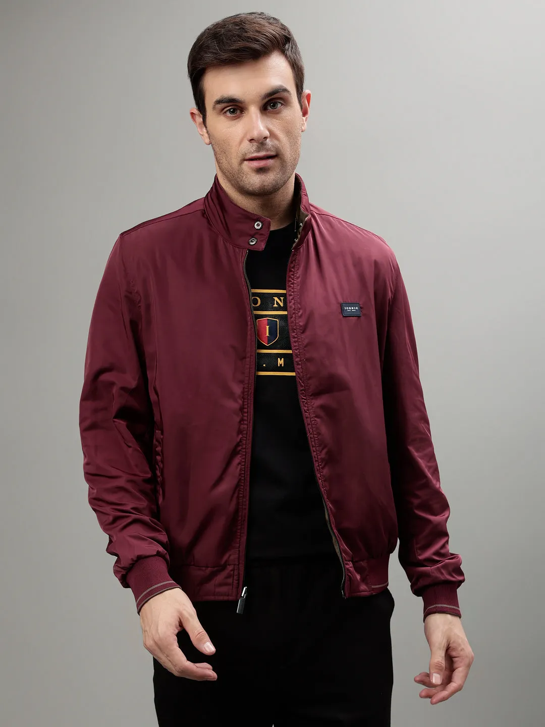 Iconic Men Multicolor Solid Stand Collar Full Sleeves Jacket