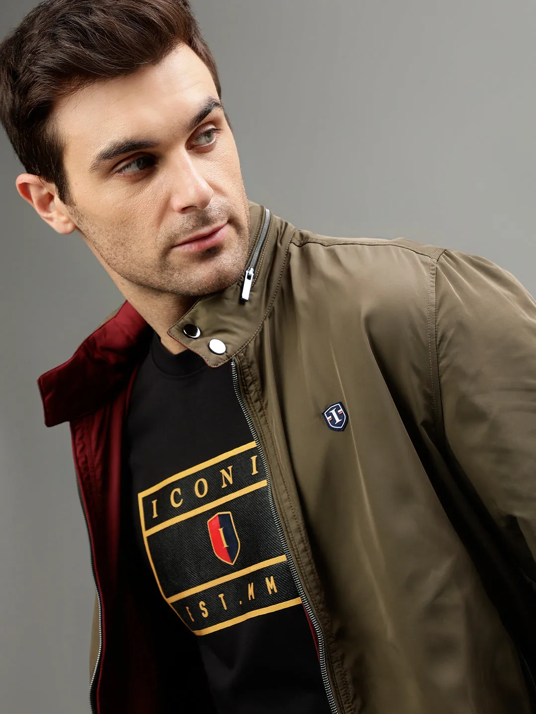 Iconic Men Multicolor Solid Stand Collar Full Sleeves Jacket