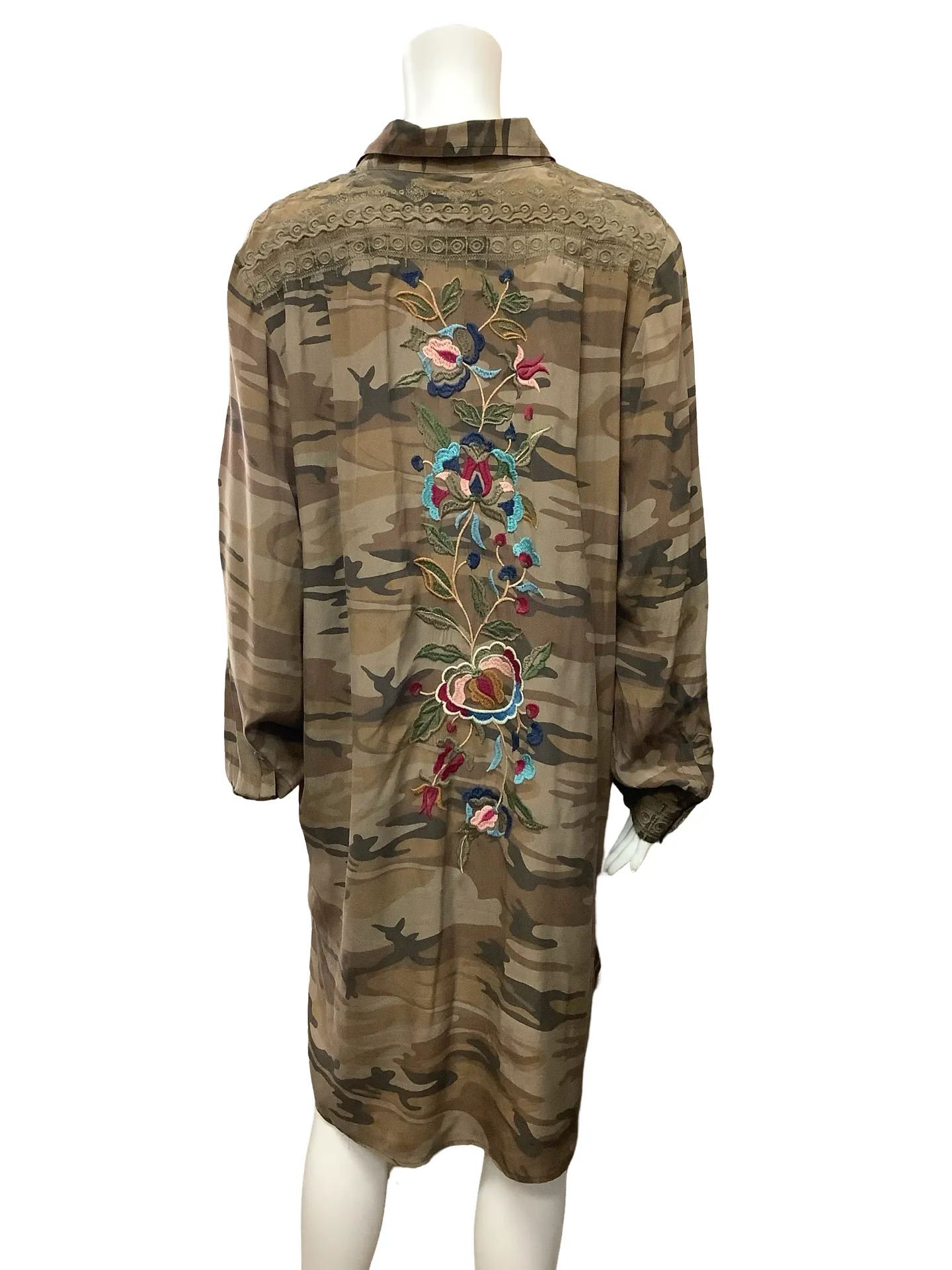 Johnny Was Workshop Tunic Dress Camo Floral Embroidery Silk Size: L
