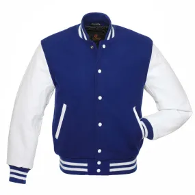 Ladies Varsity Jacket Blue Body and White Leather Sleeves Varsity Jacket