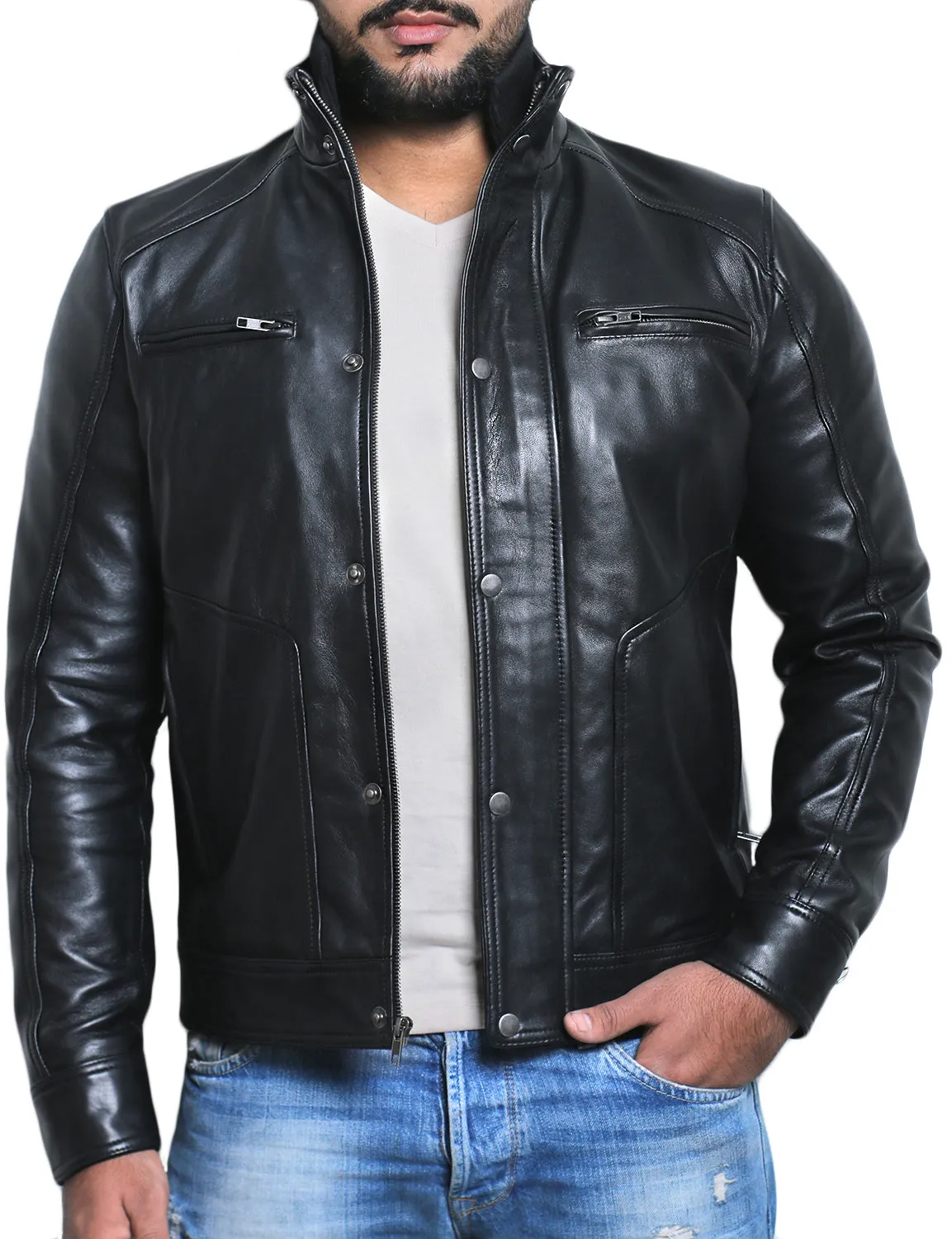 Leather Jackets Hub Mens Genuine Lambskin Leather Jacket (Black, Fencing Jacket) - 1501063