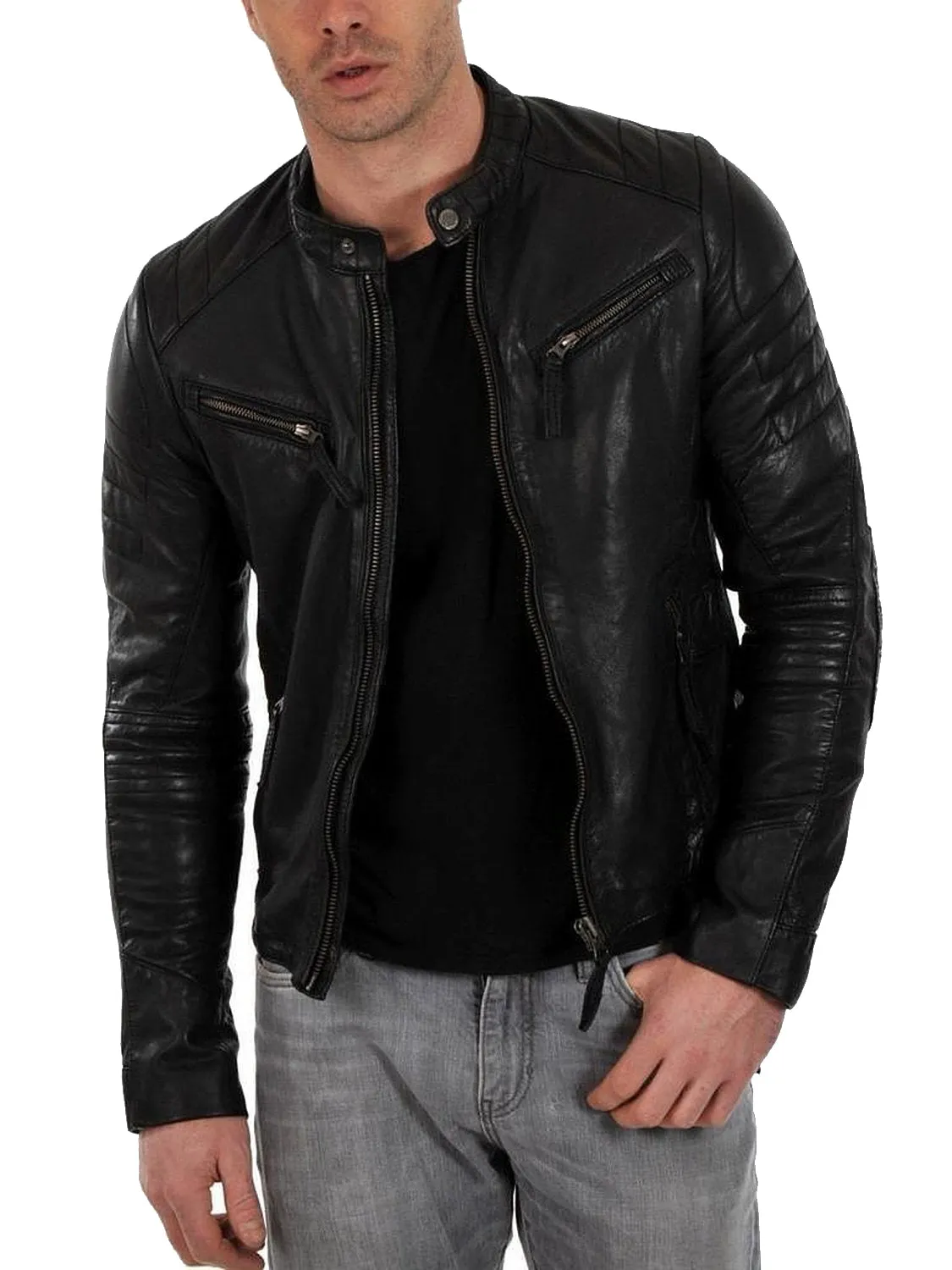Leather Jackets Hub Mens Genuine Lambskin Leather Jacket (Black, Racer Jacket) - 1501025