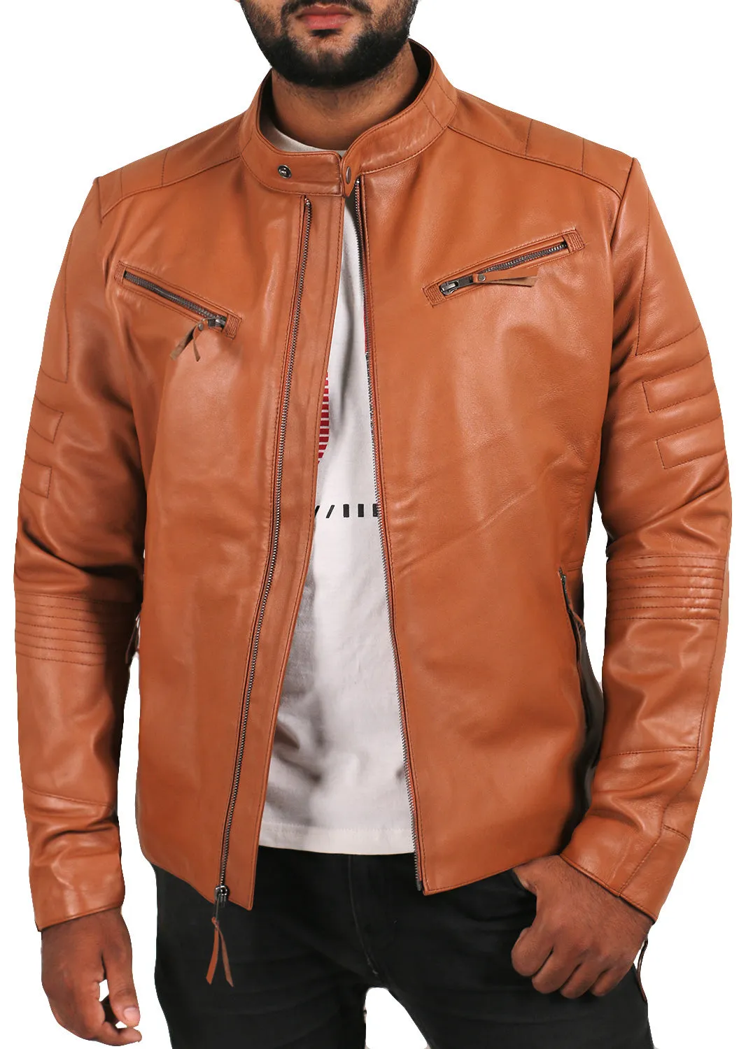 Leather Jackets Hub Mens Genuine Lambskin Leather Jacket (Black, Racer Jacket) - 1501025