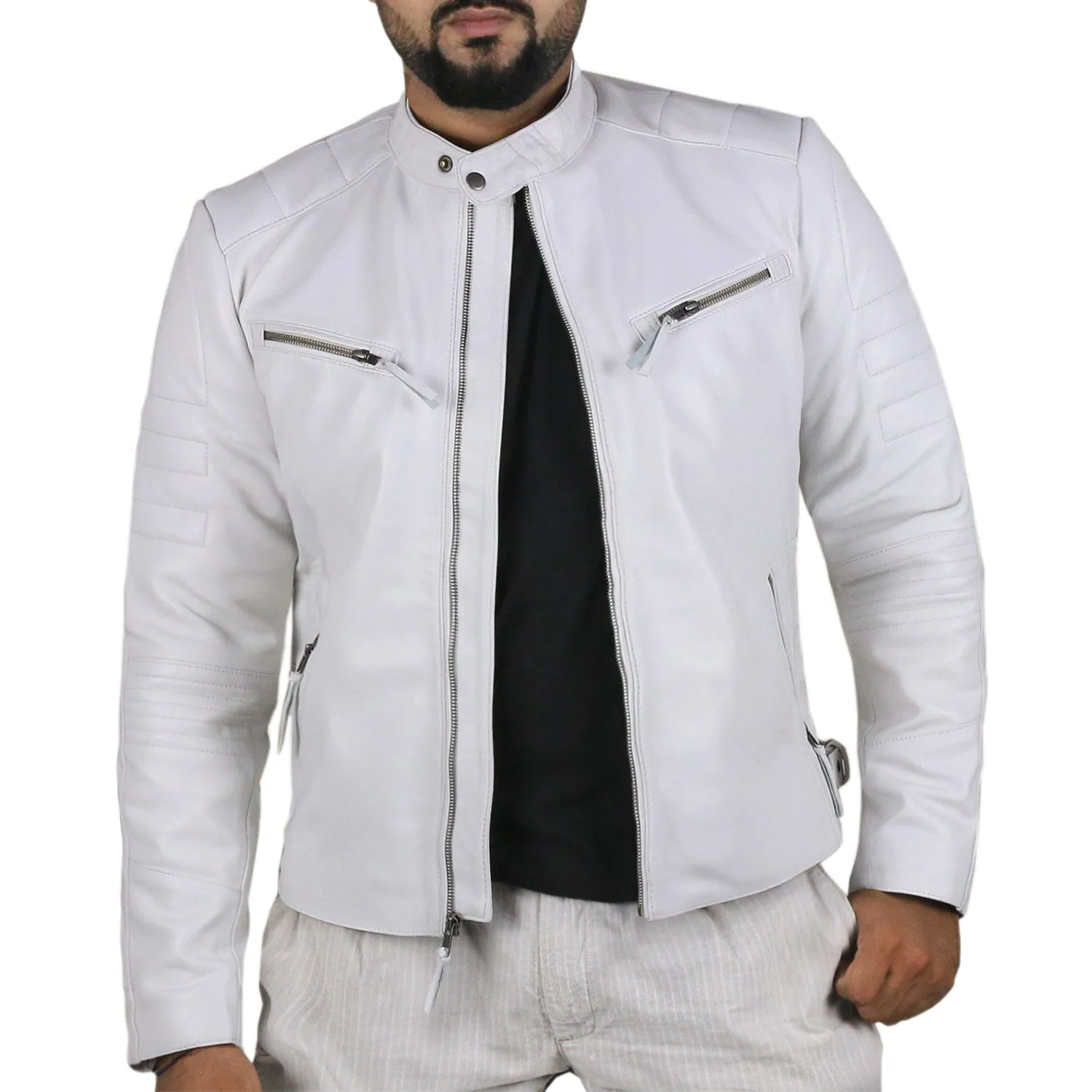 Leather Jackets Hub Mens Genuine Lambskin Leather Jacket (Black, Racer Jacket) - 1501025